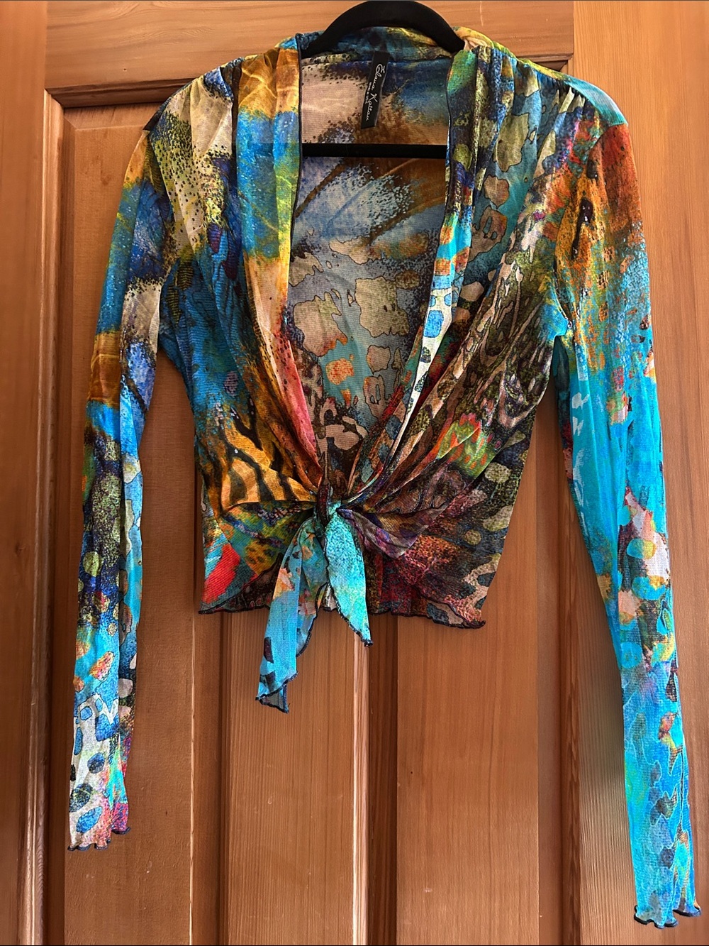 Elana Kattan Abstract Tie-Front Long-Sleeve Bolero Blouse in Multicolor